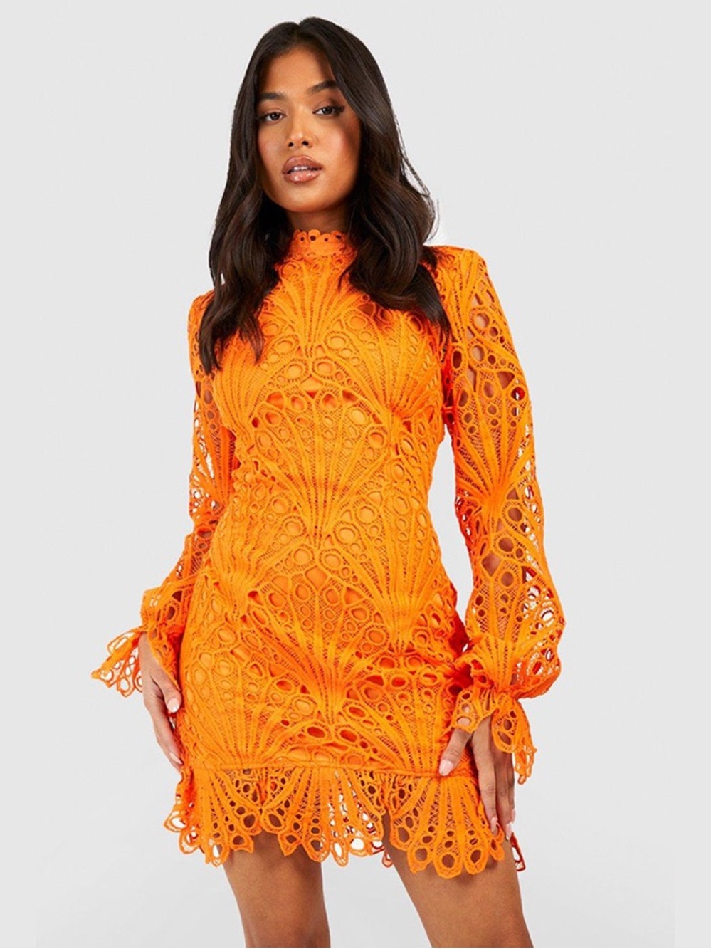 Boohoo Orange Crochet Lace Long-Sleeve Mini Dress